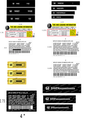 Honda Door Jamb Data Decal 3M High Tack with Window Label and Tire Pressure