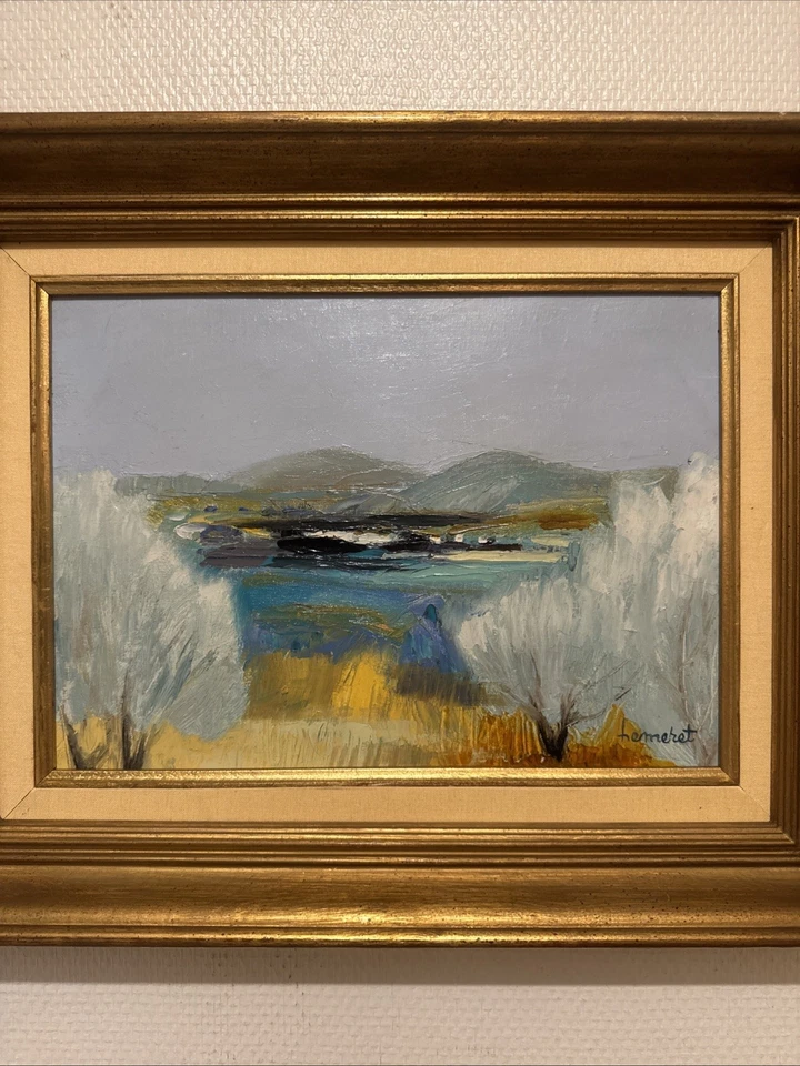 Tableau Ancien Paysage Encadré « La Plaine Bleu » Signé HEMERET - Titré Au Dos - Photo 3/4