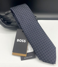 BOSS Hugo Boss Men's Silk Blend Tie  Dark Blue  Geometric  Made in Italy 