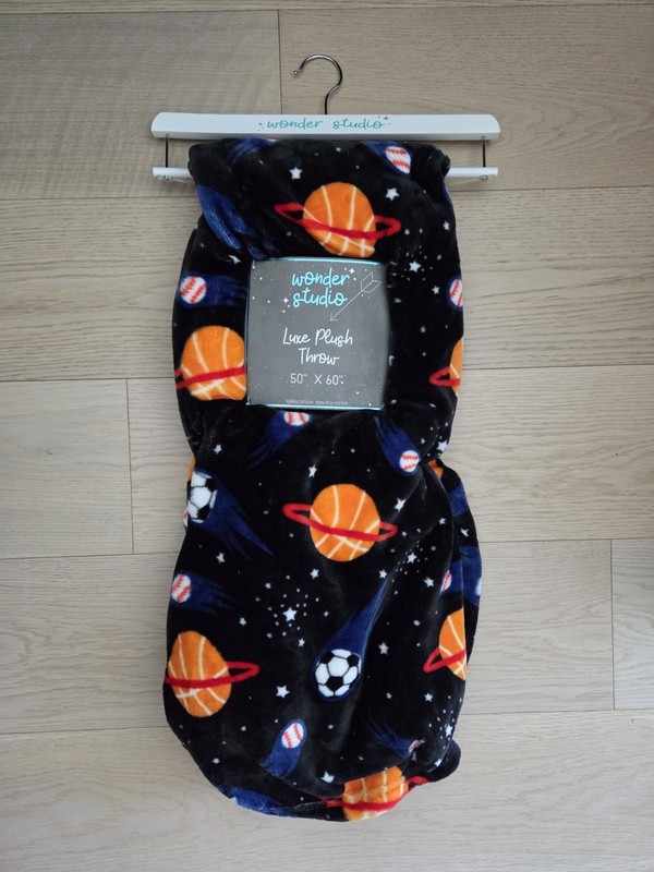 Wonder Studio Luxe Plush Throw Blanket 50 x 60” Planets Stars Sports Balls Black