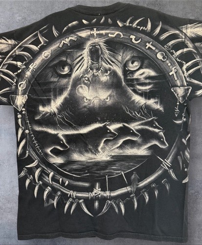 Vtg Y2k Liquid Blue Native American / Wolves T-Shirt 2 Sided AOP Large 21”x28” - Picture 4 of 5