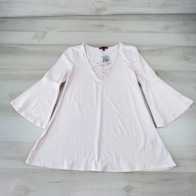 BKE Red Buckle Womens Top Small Light Pink Bell Sleeves Deep V Neck Blouse New
