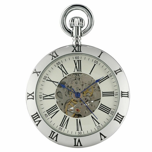 Orologio da tasca Steampunk uomo scheletro meccanico automatico catena vita quadrante aperto - Foto 8 di 9