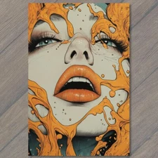 Art Print Woman’s Face Close-Up Orange Tentacles Surrounding Eyes Lips Scary
