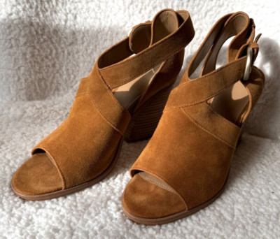 Marc Fisher Suede Sandals Womens 8 US Strappy Block Heel Brown Open Toe Booties