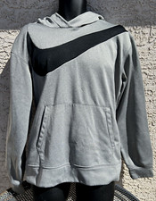 Nike Dri-Fit Hoodie Mens Pullover Gray Big Black Swoosh Fleece Lined Size M