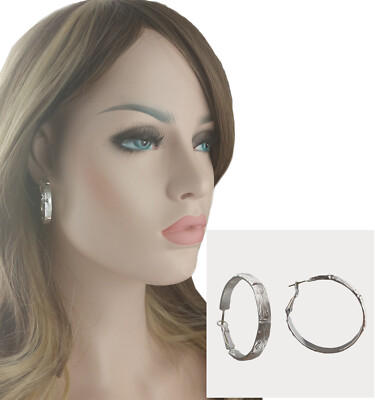 Bamboo Design Silver Tone Textured Metal Round Hoop Earrings Pierced 1 3/8''
