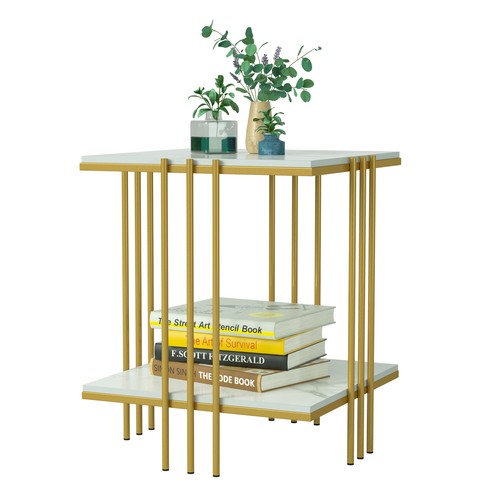 2 Tier Modern Marble Coffee Table Side End Table Sofa Corner Side Bookshelf - Picture 11 of 12