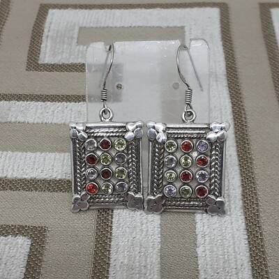 Amythest-Peridot-Garnet Combo-Sterling Silver 925 Earrings- New - Multi Gemstone