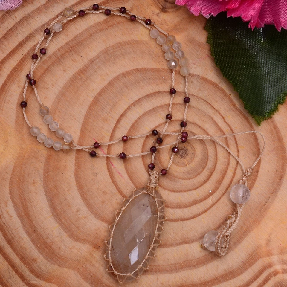 Handgefertigt Natürlich Rutil Quarz Checker Cut Boho Makramee Perlen Halskette - Bild 3 von 4