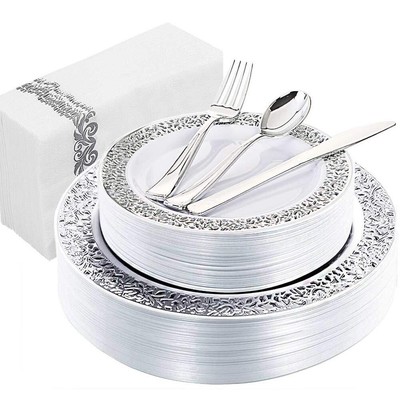 WDF 150PCS Silver Plastic Plates with Disposable Plastic Silverware Lace Desi...