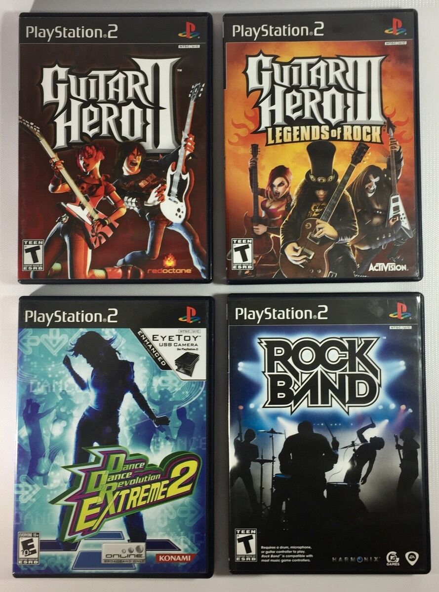 Lot of 4 PS2 PlayStation 2 Games Rock Band Guitar Hero II and III Dance Rev  EX 2