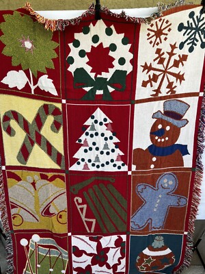 Christmas  Woven Blanket Ginger Bread Man, Candy Cane, Wreath, Sled Throw 46x66