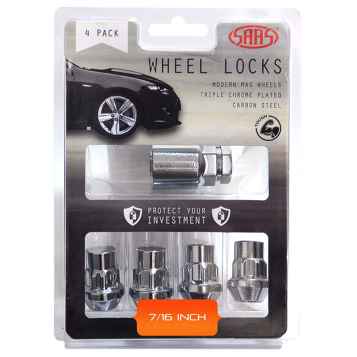 SAAS LOCKING WHEEL NUTS SPLINED BULGE 7/16 4 PACK CHROME W