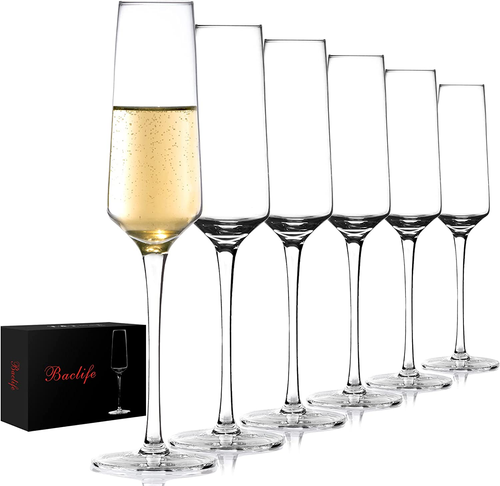 Champagne Flutes - Hand Blown Elegant Champagne Glasses Set of 6 - Unique Gift f