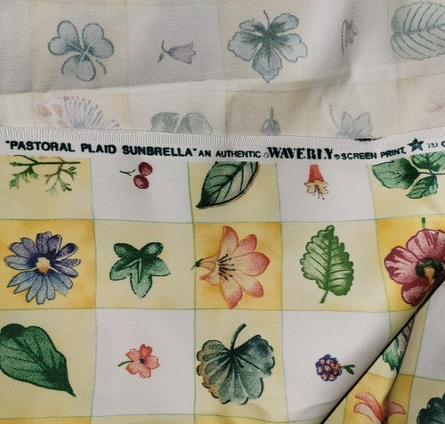 2 Yards Waverly PASTORAL PLAID SUNBRELLA fabric Yellow Floral Leaf Squares 55" W - Picture 7 of 7