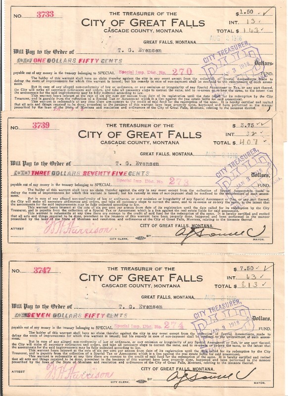 1916  T. G Evensen LOT of 3 Great Falls Montana Cascade Cty Warrants Mayor A0213