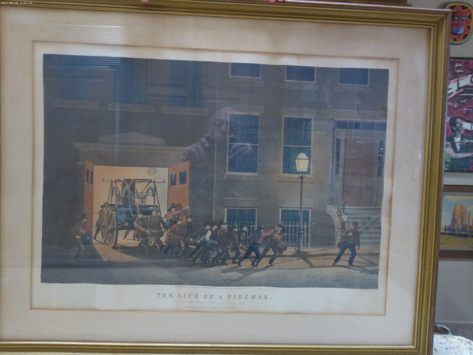 1854 HAND COLORED NEW YORK CITY "THE NIGHT ALARM" N. CURRIER RARE  FIREMAN PRINT