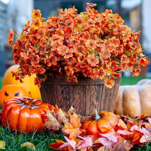 Artificial Mums Fall Flowers for Outdoors Fake Plants - 16 Bundles Orangegreen - Bild 1 von 7