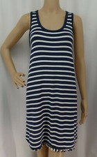 LOFT BLUE & WHITE STRIPED POM POM TRIM HEM BOHO SWING LOUNGE DRESS SIZE: L NWT