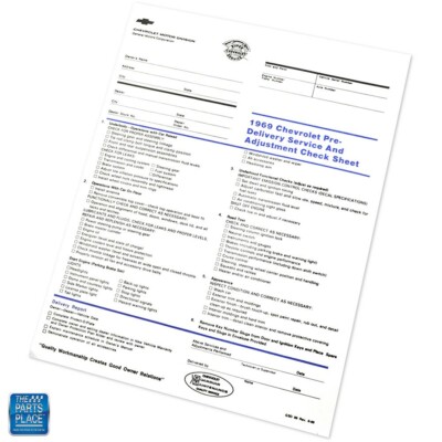 1969 Camaro Nova Chevelle New Vehicle Pre-Delivery Adjustment Sheet GSD 99 EA