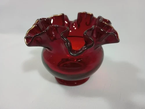 Vintage Fenton Glass Ruffled Vase Ruby Red 3.75" Rose Bowl FAST Shipping
