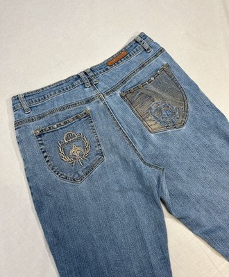 VTG Designer Y2K Babydoll Embroidered Baggy Jeans 30x27 Mcbling Ed Hardy Style
