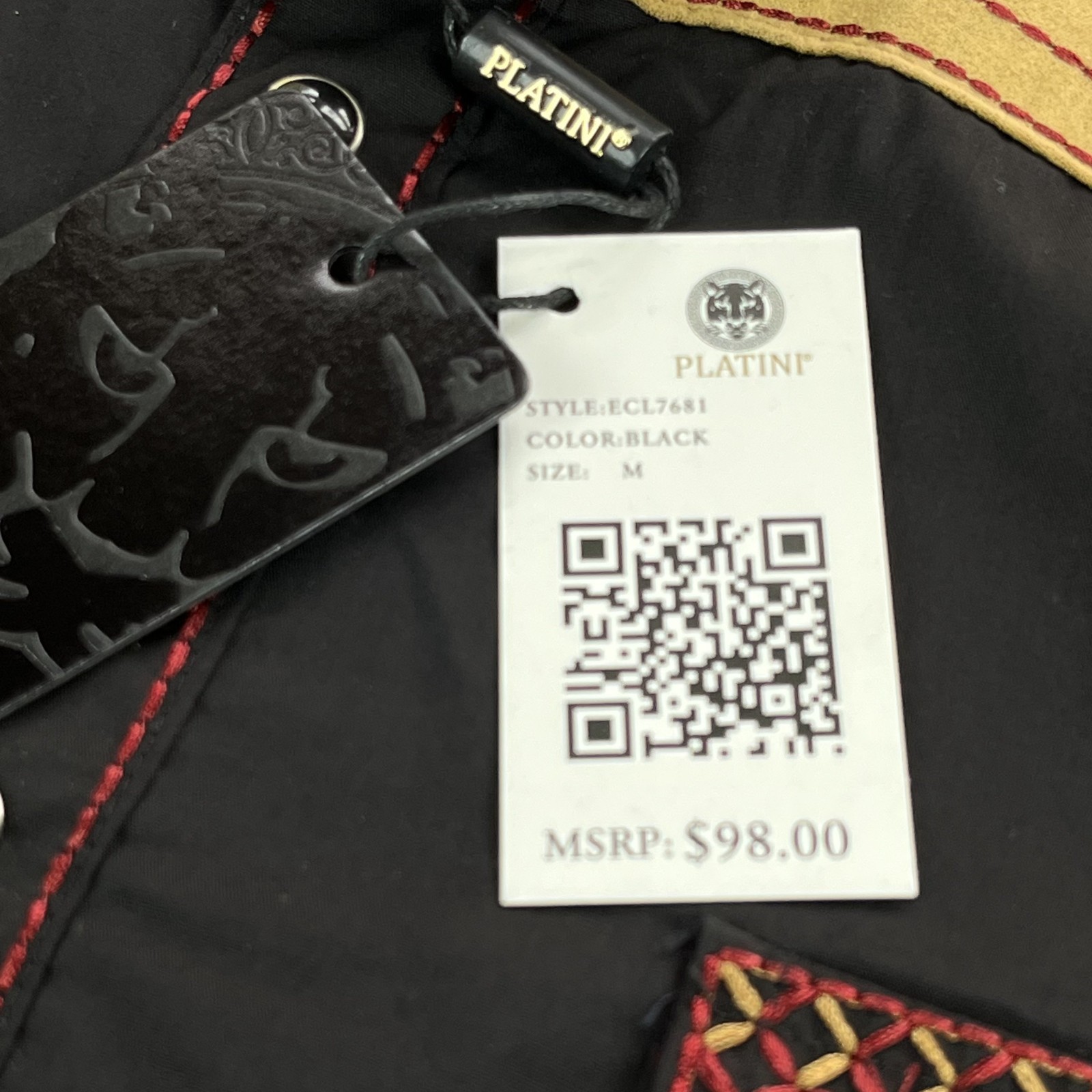 Platini Jeans Western Shirt Pearl Snaps Black Gold Red Stitch Men's M NWT $98