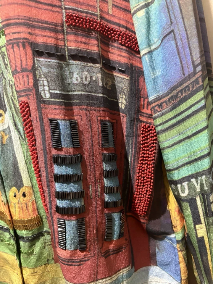 Nicole TAYLOR, винтажный 100% шелк пекарня городской пейзаж бисером блузка SZ M - Изображение 3 из 4