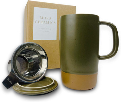 Ceramics Large Tea Mug with Loose Leaf Infuser and Ceramic Lid, 18 Oz, Portable,