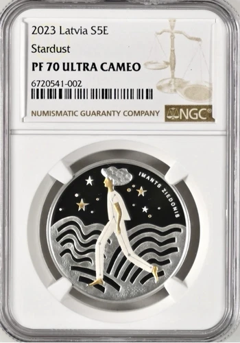 Latvia 2023  silver coin 5 euro  " Stardust " bee animals stars NGC PF70