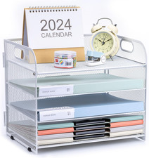 4-Tier Paper File Tray Organizer, Desk Organizer Tray with Handle, Mesh Desk