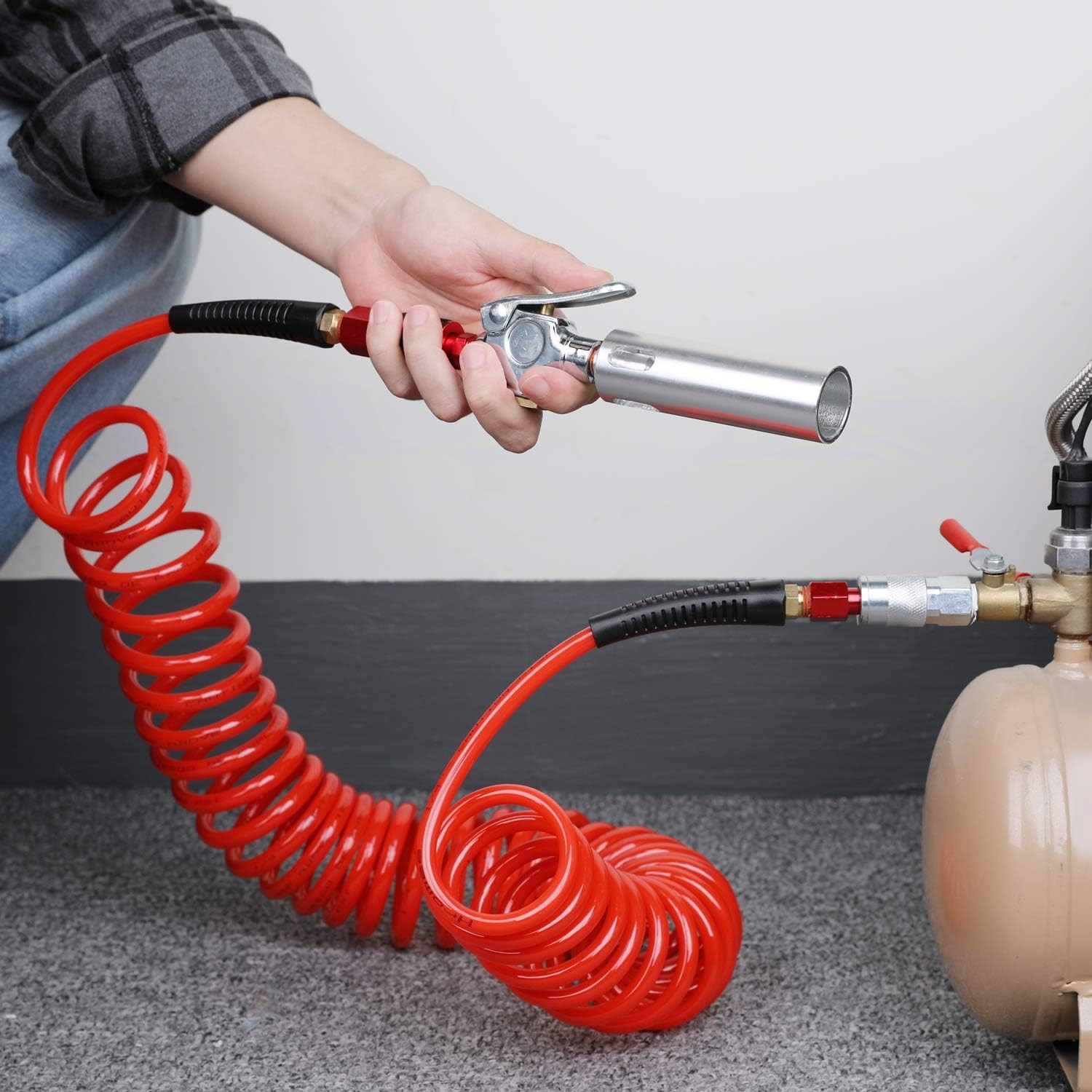 Hromee 1/4 in x 25 ft Polyurethane Recoil Air Hose with Bend 25FT, Red 