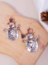 Snowman Dangle Earrings 2in, Oxidized Rhinestone Drop, Christmas