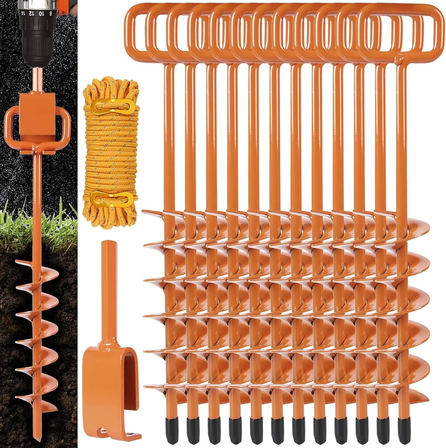 15in Screw-in Ground Anchors with Adapter & Rope, Tent Stakes Set