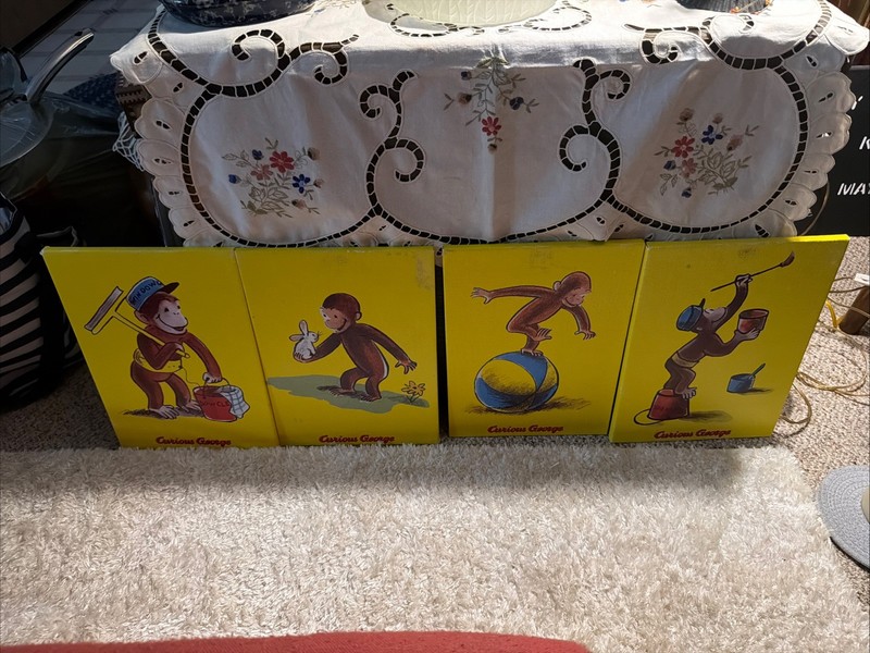 Vintage Curious George Wall Art Wood Decor Set Series 4 cartoon pictures