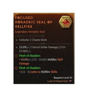 Diablo 4 S13 Focused Horadric Seal Of Hellfire Legendary Talisman 5 Charm Slots