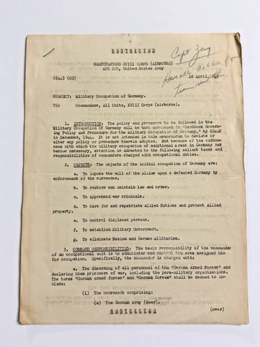 WW2 "Restricted" XVIII Corps (Airborne) Military Occupation of Germany; 1945