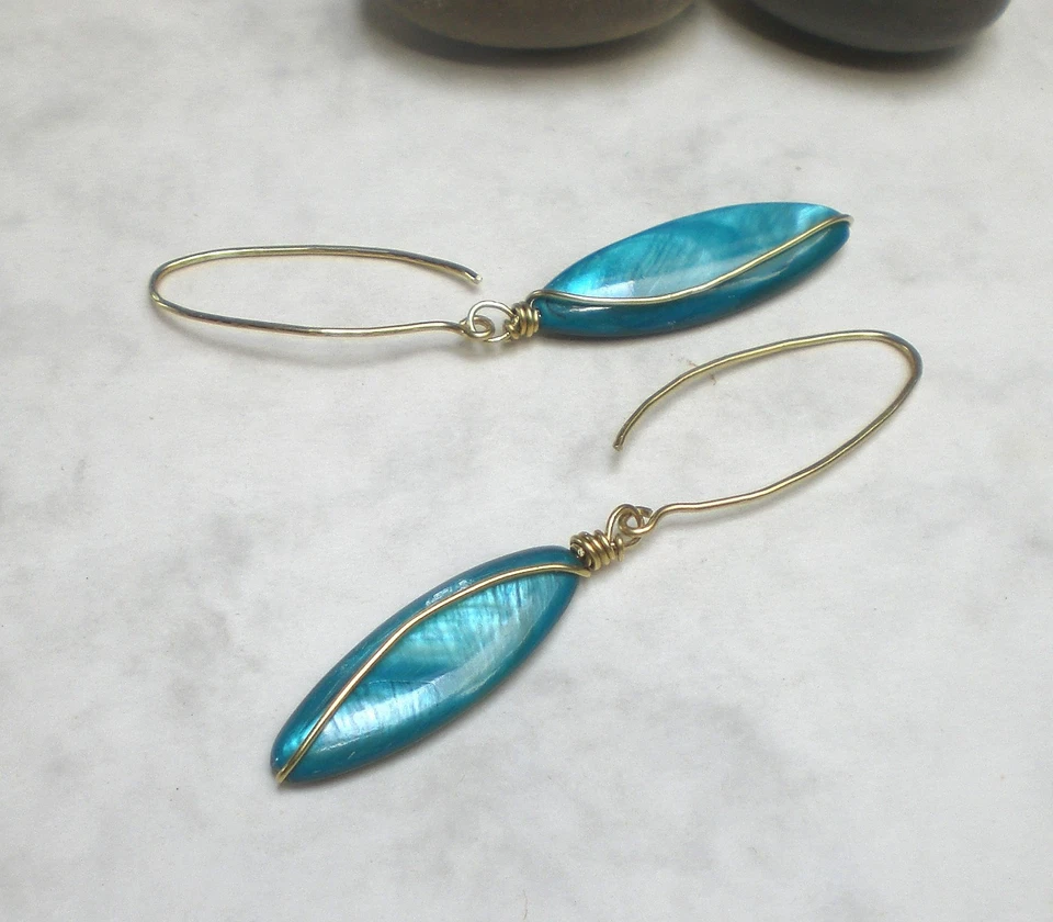 Lange Perlmutt Messing Ohrringe, oval Ohrhänger Blattform handmade, o974 - Bild 3 von 4