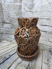 Black Walnut Shell Vase Folk Art Hand Made Sliced Hulls Matching Wood Dish 7"