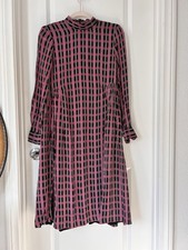 Ganni Printed Georgette Plaid Gingham Midi Dress Small Mock Neck Long Sleeves
