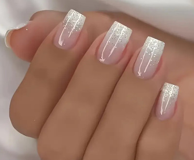 NL-2 24pcs Gradient French Manicure Nail Glossy Pink, Square Shape Easy Press-On