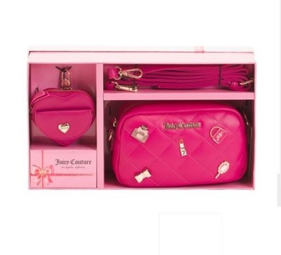 NEW Juicy Couture Puffy Quilted Camera Crossbody Bag Set Raspberry Tart