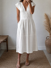 Zara White Midi Dress Cotton Summer Bohemian Holiday Shirt Everyday Size S