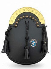 Handmade Scottish Kilt Sporran Black Real Leather Gold Finish Cantle