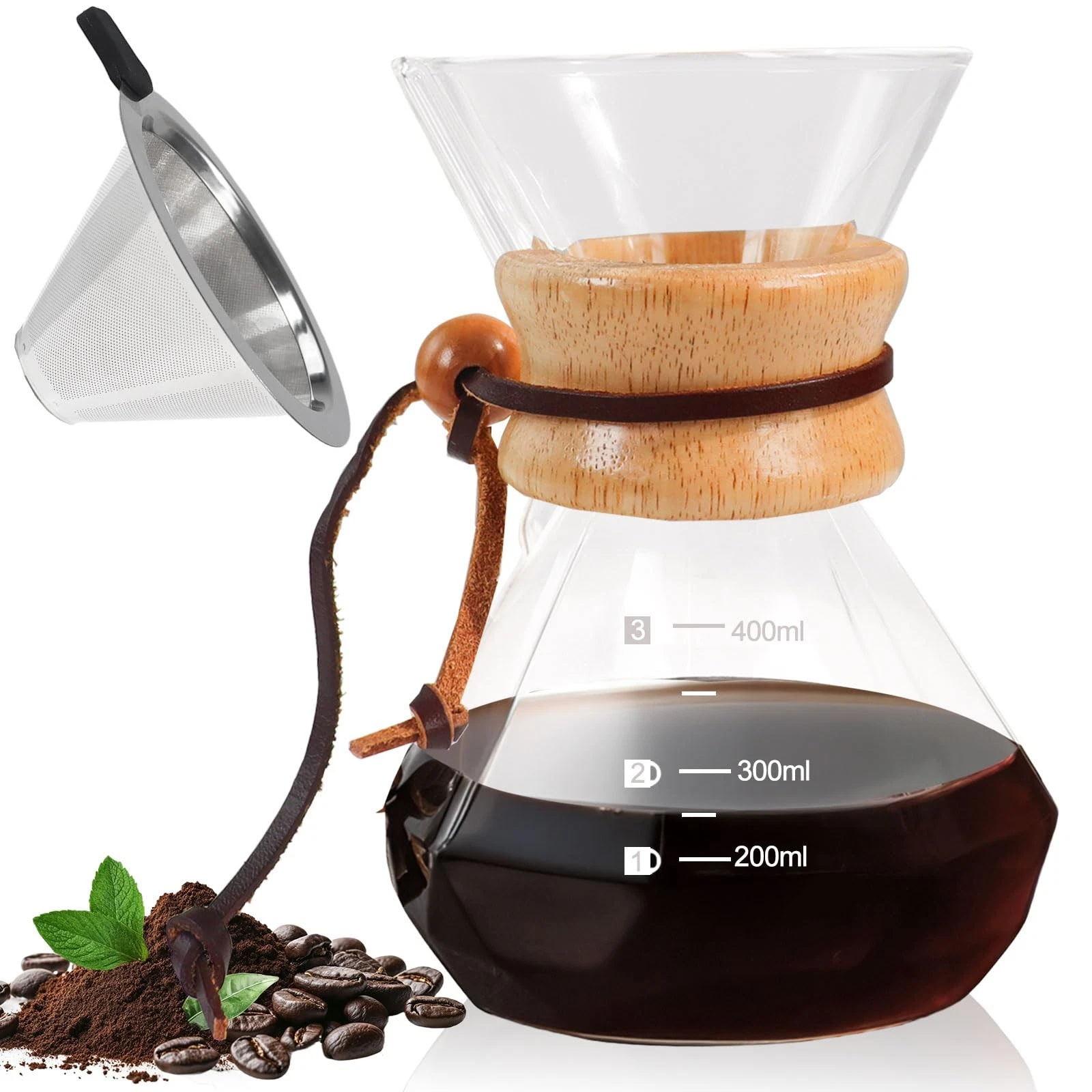 Pour Over Coffee Maker 400ml 13.5oz Glass Drip Coffee Maker with 304 Stainles...