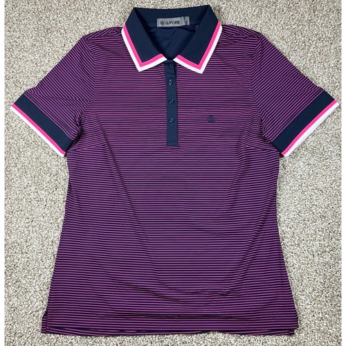 G/FORE Womens Navy Pink Striped Short Sleeve Golf Polo Shirt Heart Logo Size S
