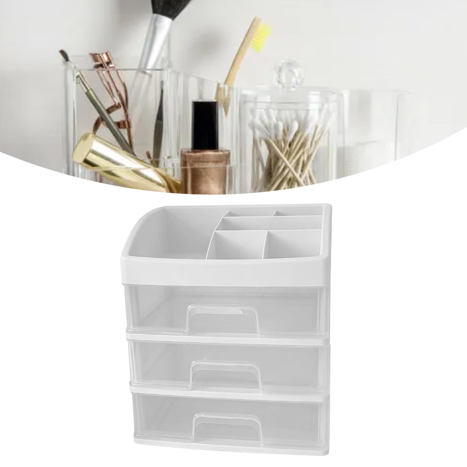 Desk Storage Box With 3 Drawers Transparent Dustproof Space Saving Multi-Layer