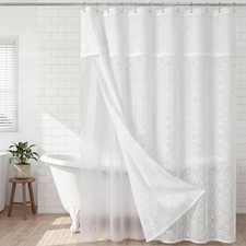 Lace Shower Curtain with Liner Set, White 3-in-1 Shower Curtain with Attached