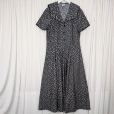 Laura Ashley Vintage Midi Dress Floral Sailor Collar Cotton UK 16 (Fits 12) Navy